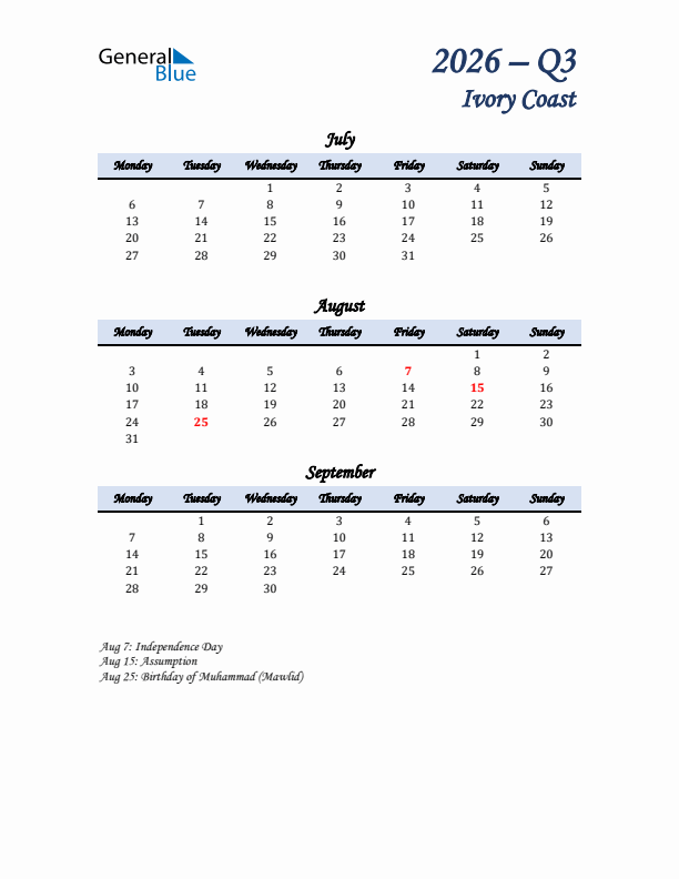 July, August, and September Calendar for Ivory Coast with Monday Start