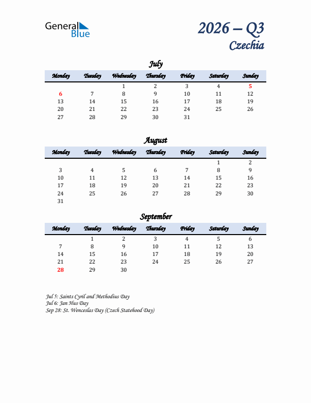 July, August, and September Calendar for Czechia with Monday Start