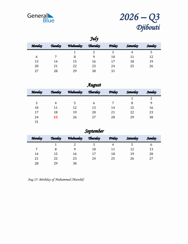 July, August, and September Calendar for Djibouti with Monday Start