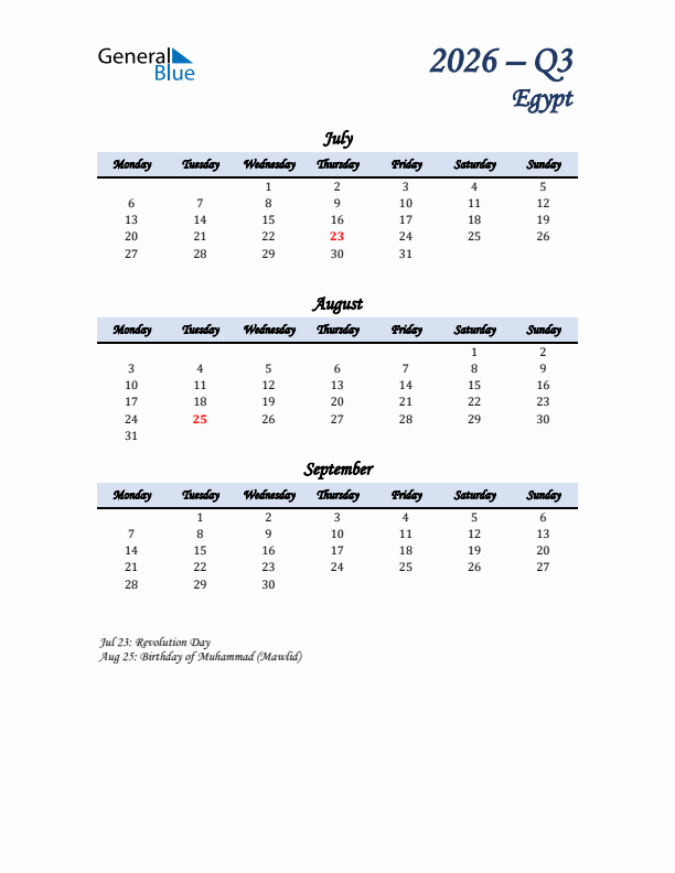July, August, and September Calendar for Egypt with Monday Start