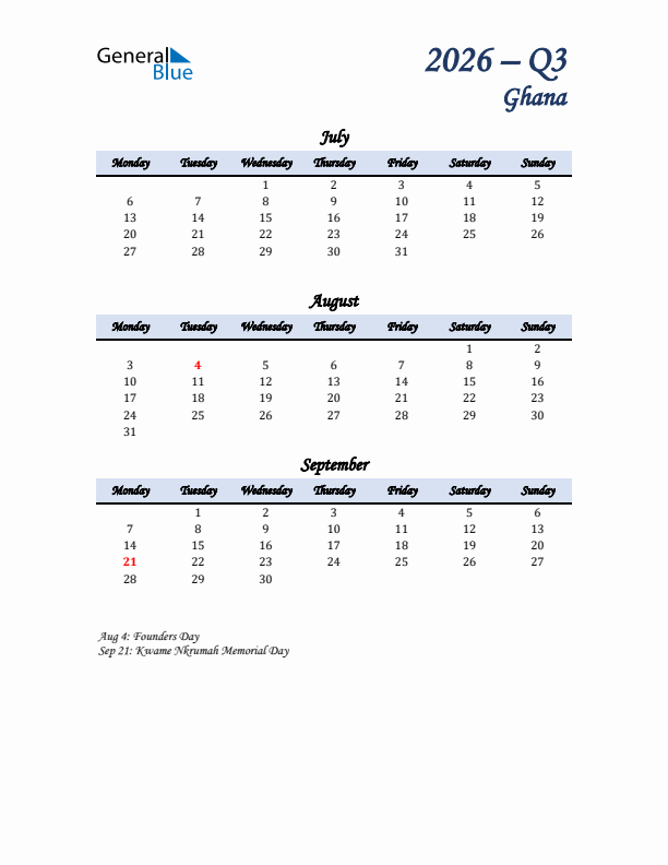 July, August, and September Calendar for Ghana with Monday Start