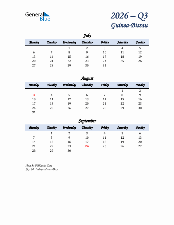 July, August, and September Calendar for Guinea-Bissau with Monday Start