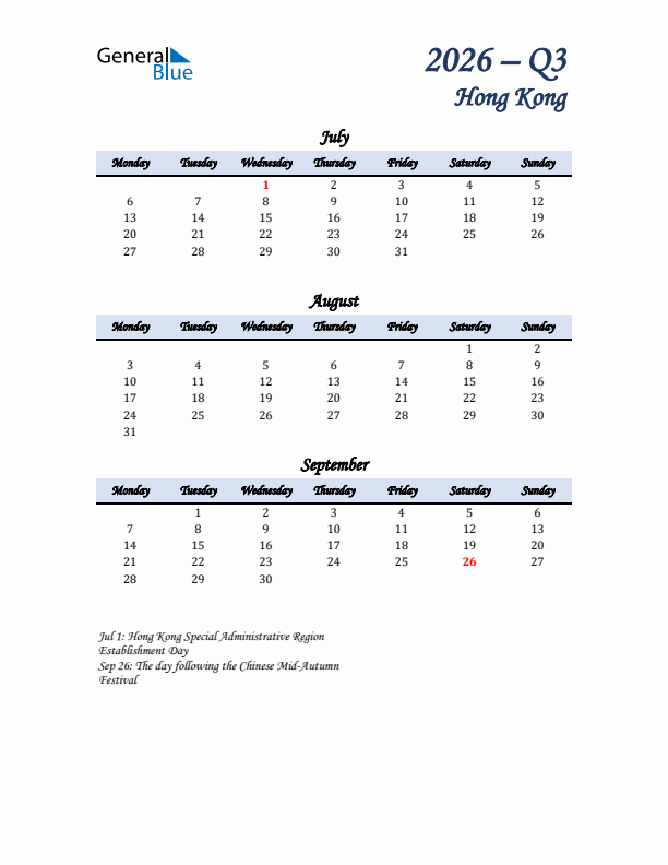 July, August, and September Calendar for Hong Kong with Monday Start