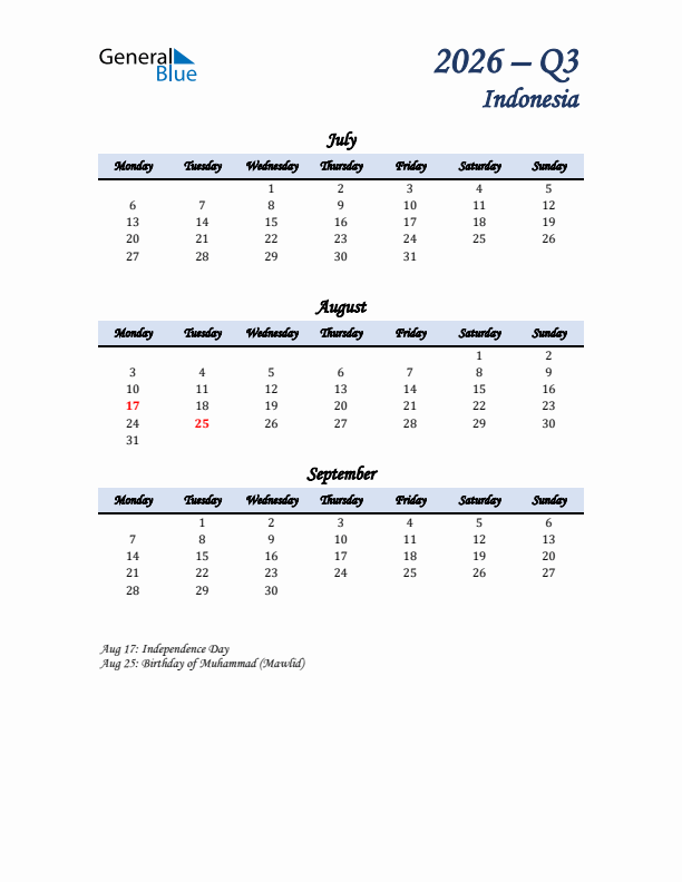 July, August, and September Calendar for Indonesia with Monday Start