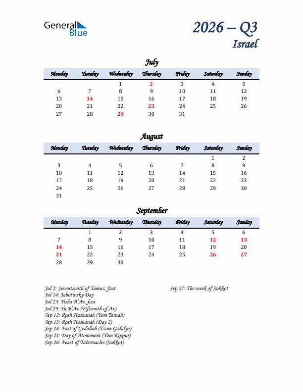 July, August, and September Calendar for Israel with Monday Start