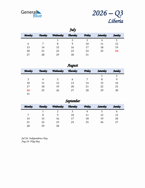 July, August, and September Calendar for Liberia with Monday Start