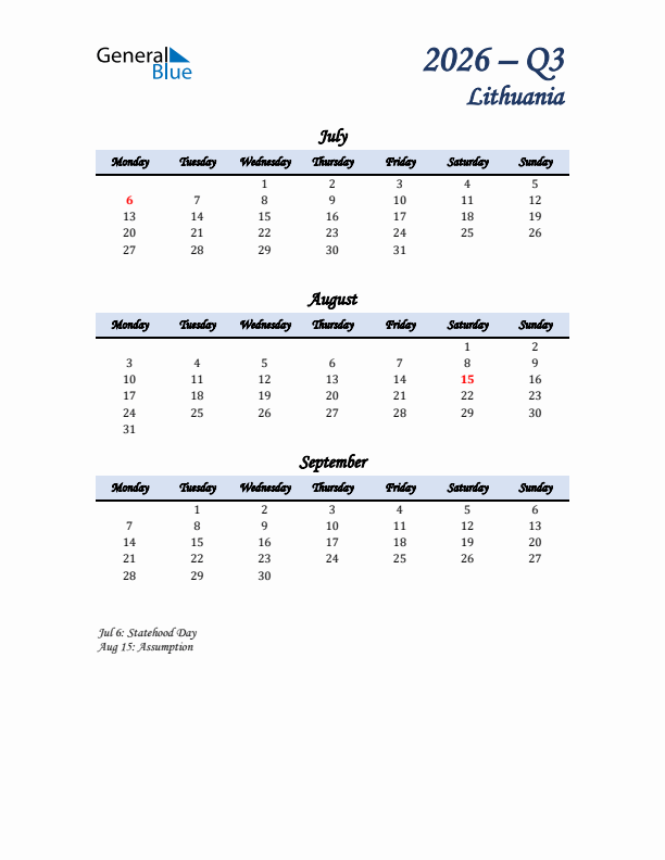 July, August, and September Calendar for Lithuania with Monday Start