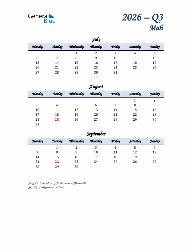 July, August, and September Calendar for Mali with Monday Start