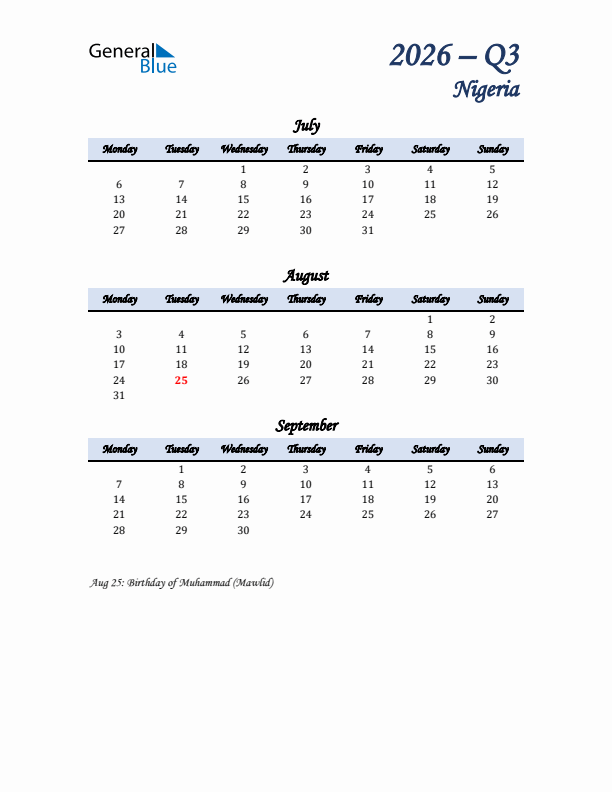 July, August, and September Calendar for Nigeria with Monday Start