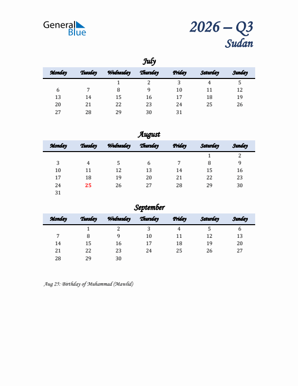 July, August, and September Calendar for Sudan with Monday Start