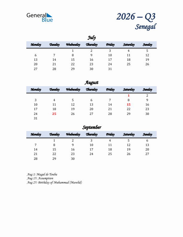 July, August, and September Calendar for Senegal with Monday Start
