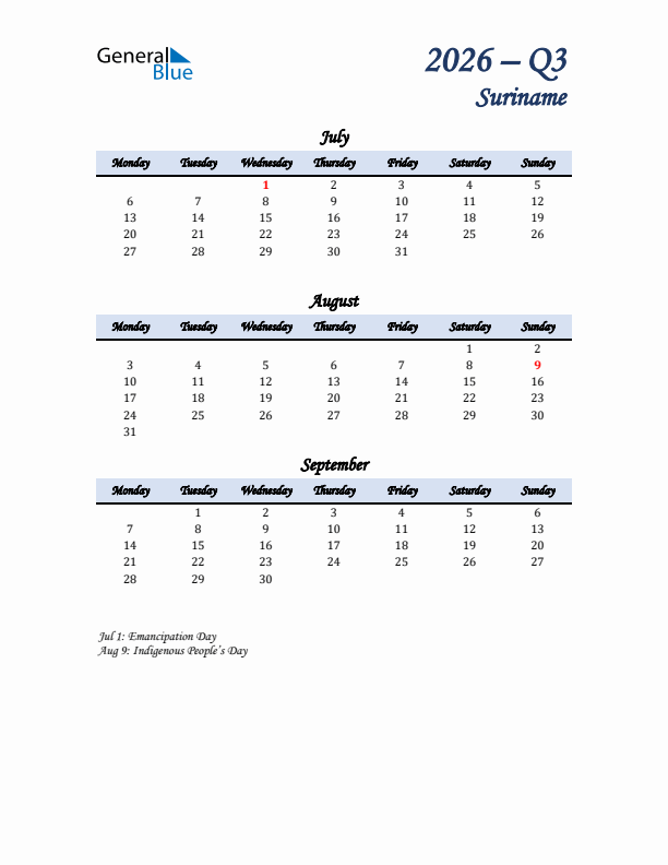 July, August, and September Calendar for Suriname with Monday Start