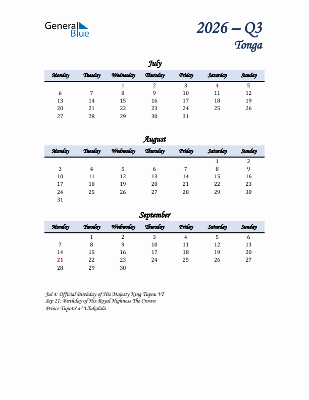 July, August, and September Calendar for Tonga with Monday Start