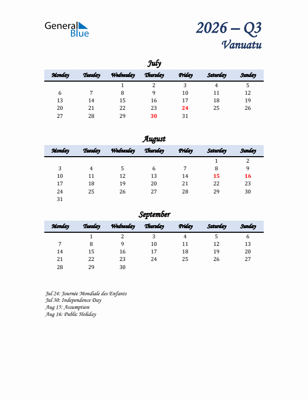 July, August, and September Calendar for Vanuatu with Monday Start