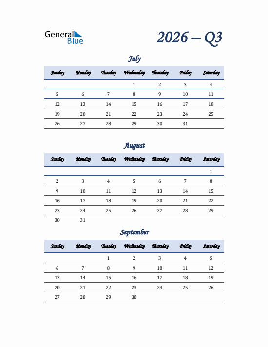 Quarter 3 2026 calendar template