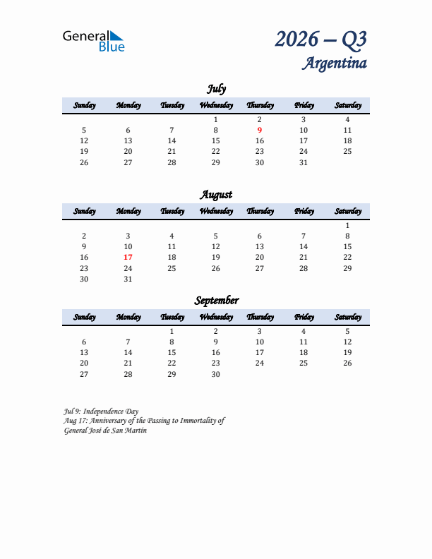 July, August, and September Calendar for Argentina with Sunday Start
