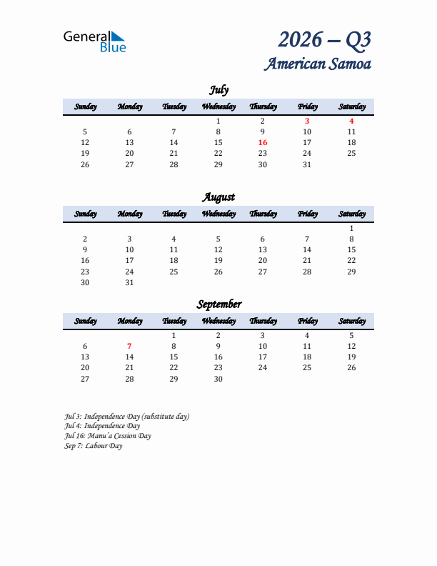 July, August, and September Calendar for American Samoa with Sunday Start