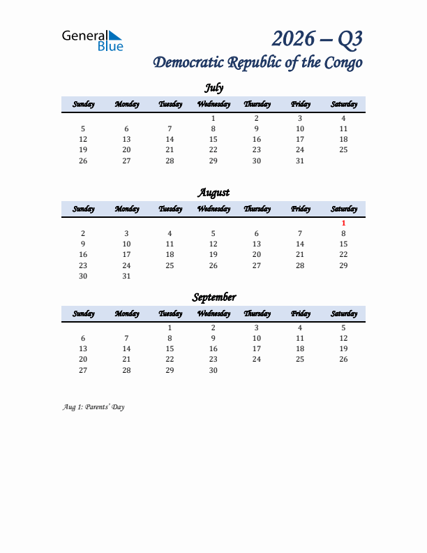 July, August, and September Calendar for Democratic Republic of the Congo with Sunday Start