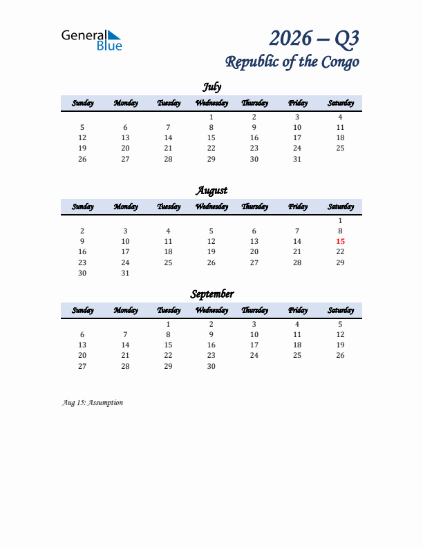 July, August, and September Calendar for Republic of the Congo with Sunday Start