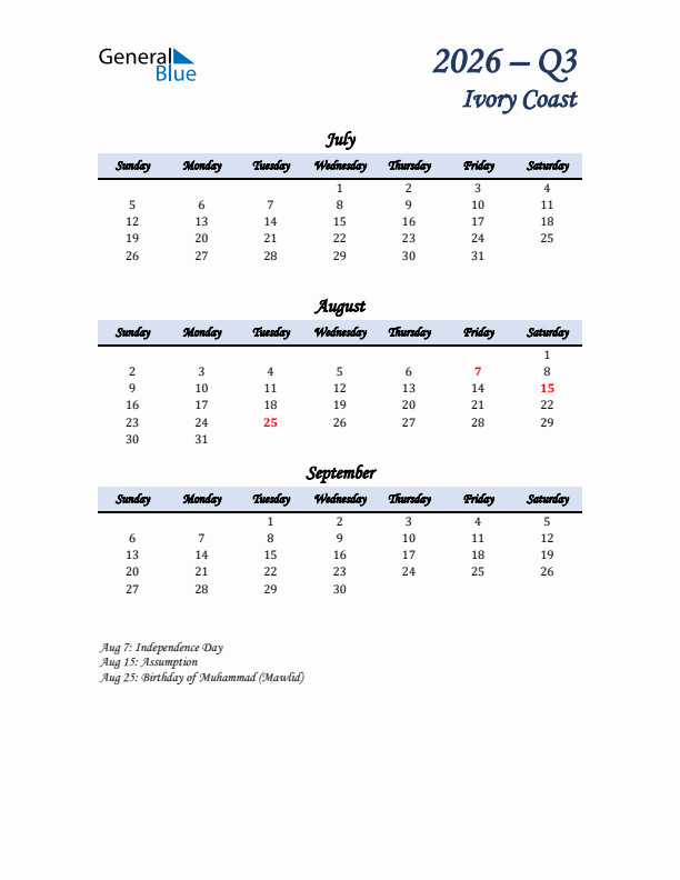 July, August, and September Calendar for Ivory Coast with Sunday Start