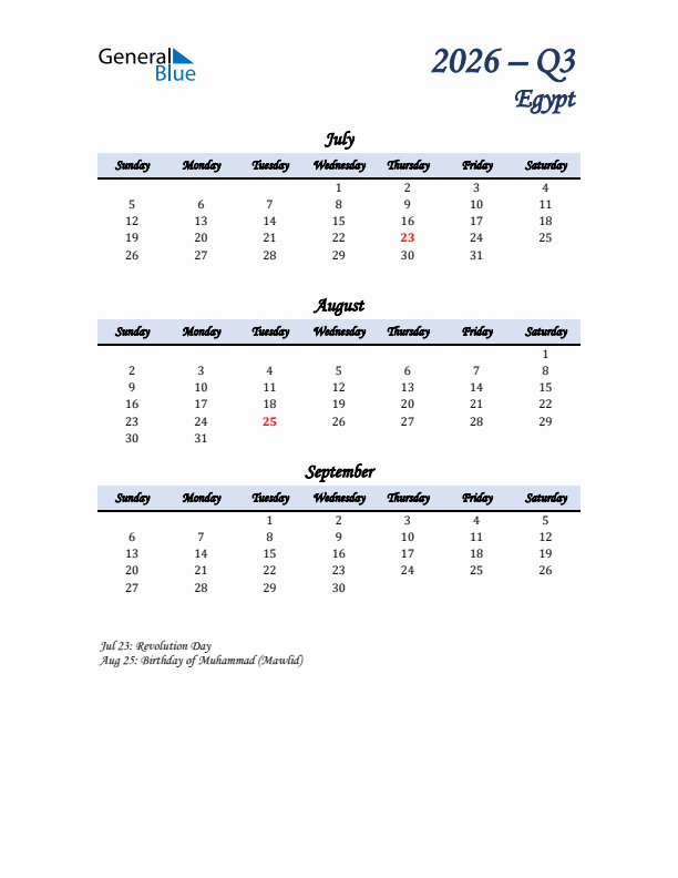 July, August, and September Calendar for Egypt with Sunday Start