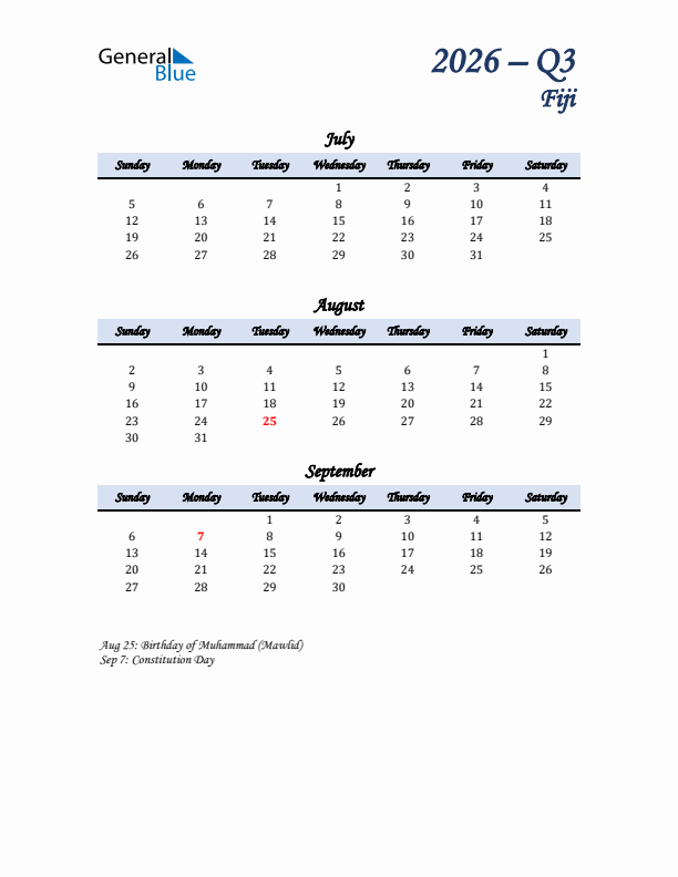 July, August, and September Calendar for Fiji with Sunday Start