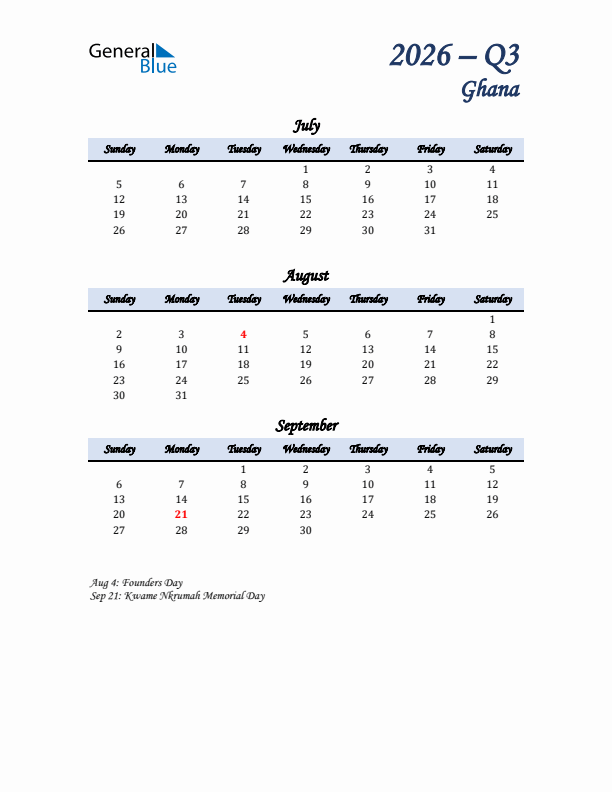 July, August, and September Calendar for Ghana with Sunday Start