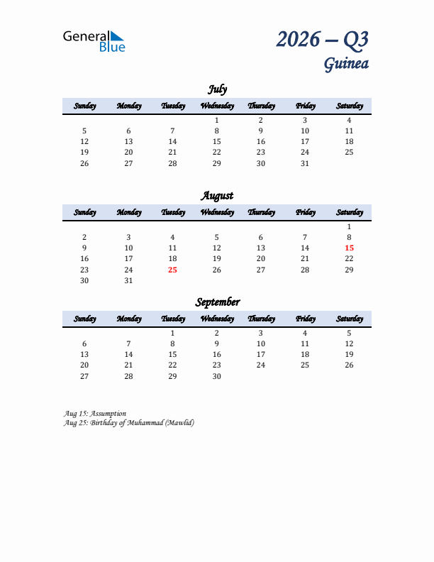July, August, and September Calendar for Guinea with Sunday Start