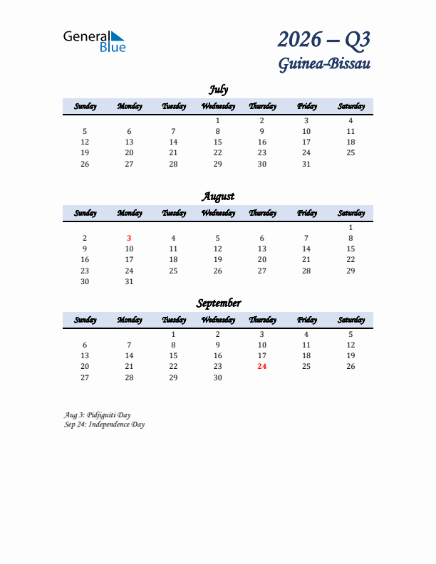 July, August, and September Calendar for Guinea-Bissau with Sunday Start