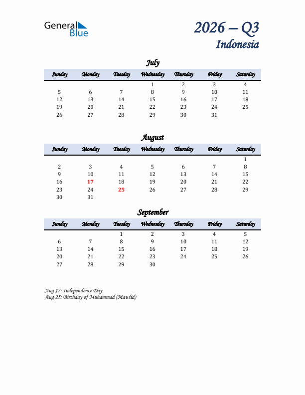 July, August, and September Calendar for Indonesia with Sunday Start