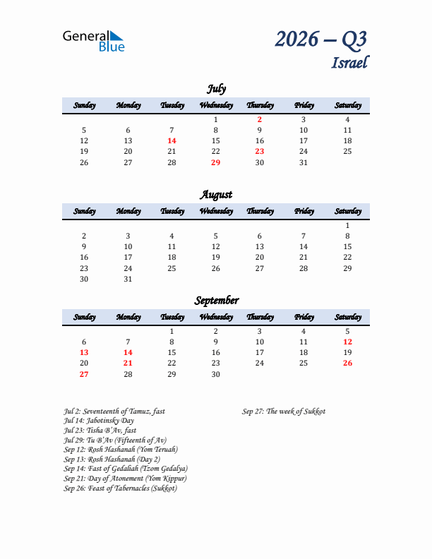 July, August, and September Calendar for Israel with Sunday Start