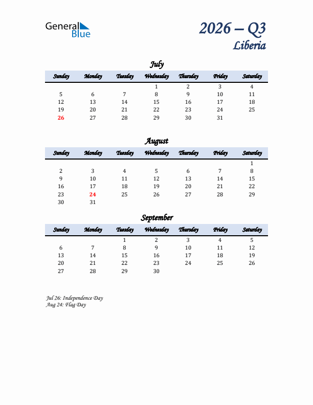 July, August, and September Calendar for Liberia with Sunday Start