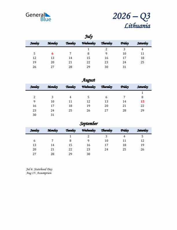 July, August, and September Calendar for Lithuania with Sunday Start