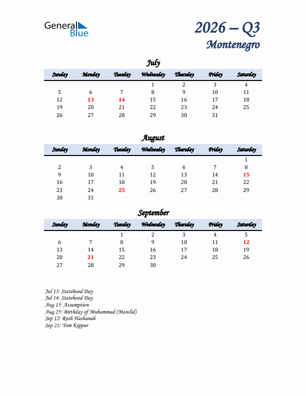 July, August, and September Calendar for Montenegro with Sunday Start