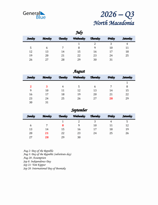 July, August, and September Calendar for North Macedonia with Sunday Start