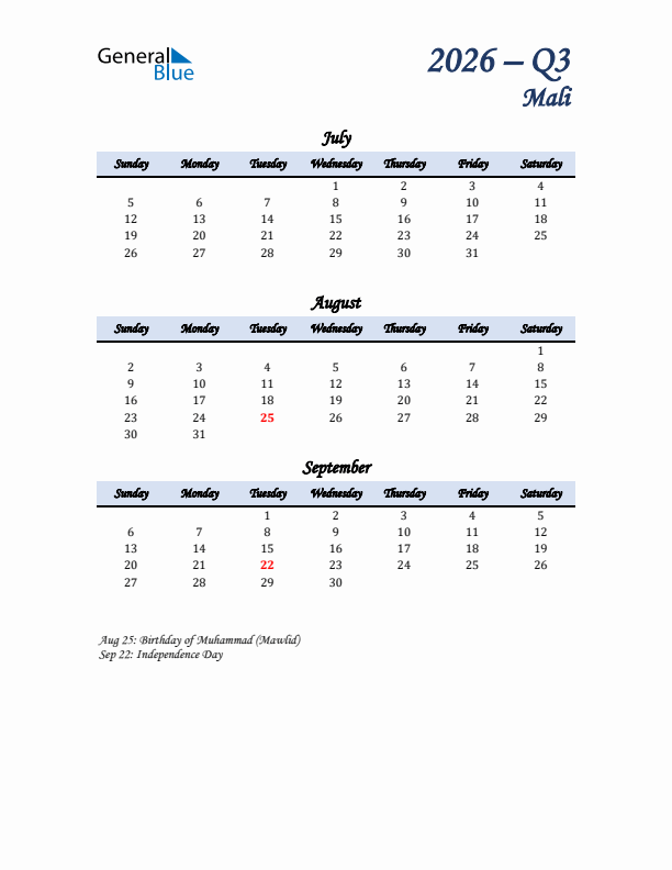 July, August, and September Calendar for Mali with Sunday Start