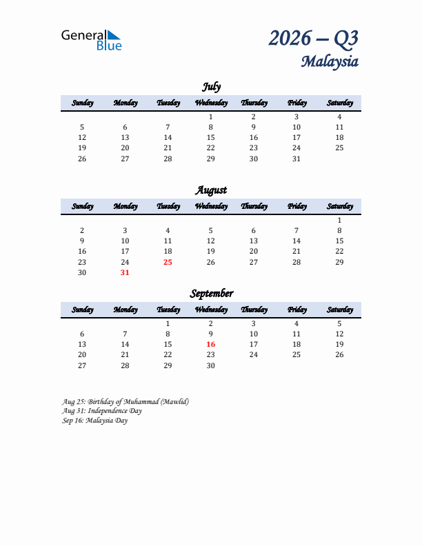 July, August, and September Calendar for Malaysia with Sunday Start