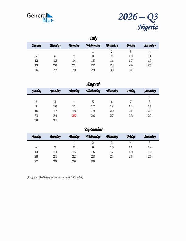 July, August, and September Calendar for Nigeria with Sunday Start