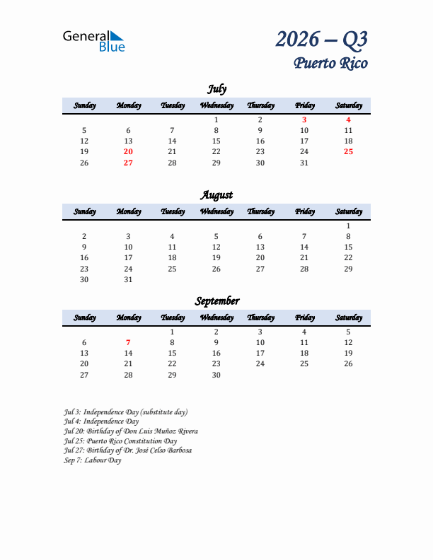 July, August, and September Calendar for Puerto Rico with Sunday Start