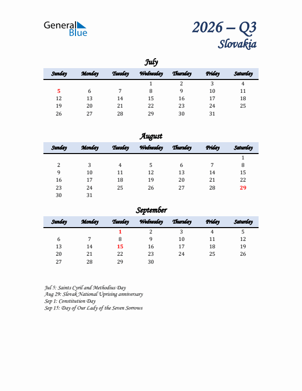 July, August, and September Calendar for Slovakia with Sunday Start