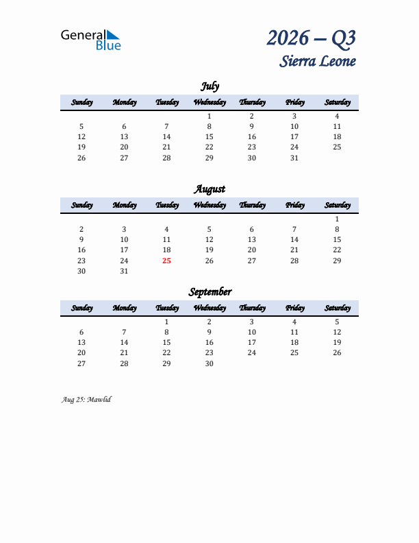 July, August, and September Calendar for Sierra Leone with Sunday Start