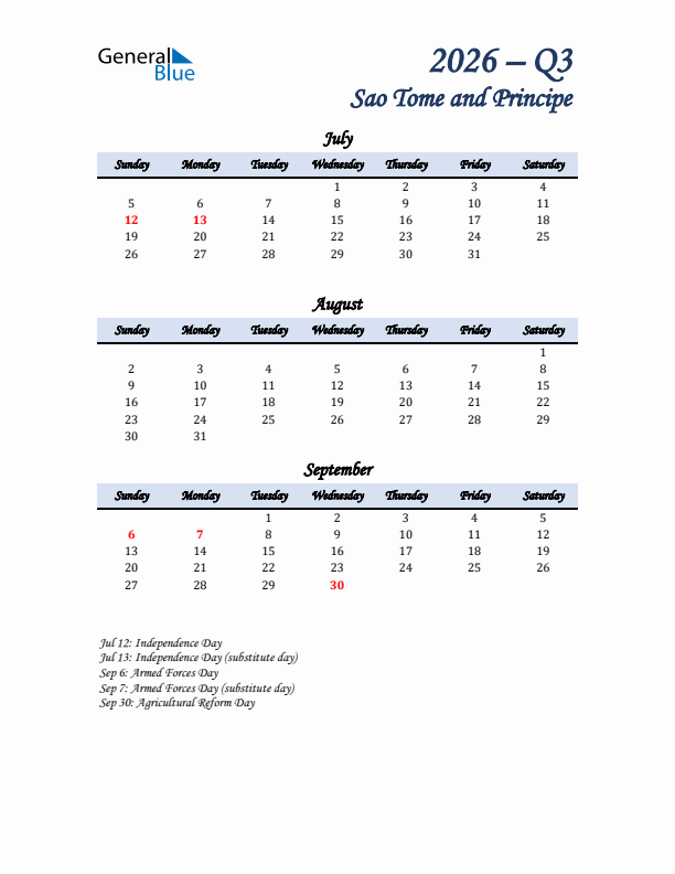 July, August, and September Calendar for Sao Tome and Principe with Sunday Start