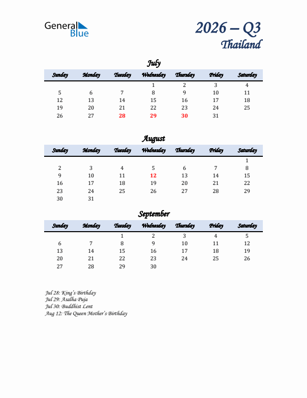 July, August, and September Calendar for Thailand with Sunday Start