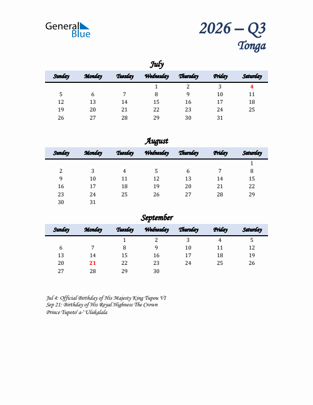 July, August, and September Calendar for Tonga with Sunday Start