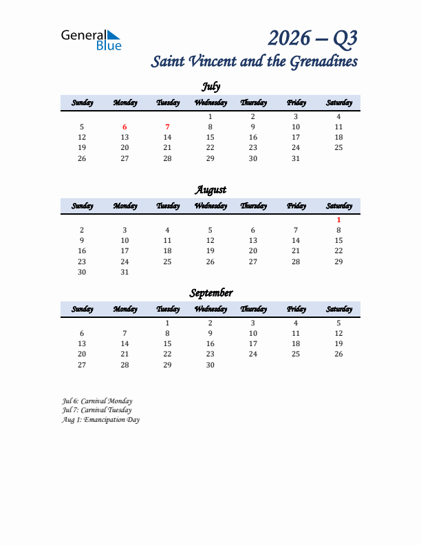 July, August, and September Calendar for Saint Vincent and the Grenadines with Sunday Start
