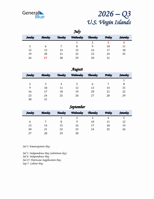 July, August, and September Calendar for U.S. Virgin Islands with Sunday Start