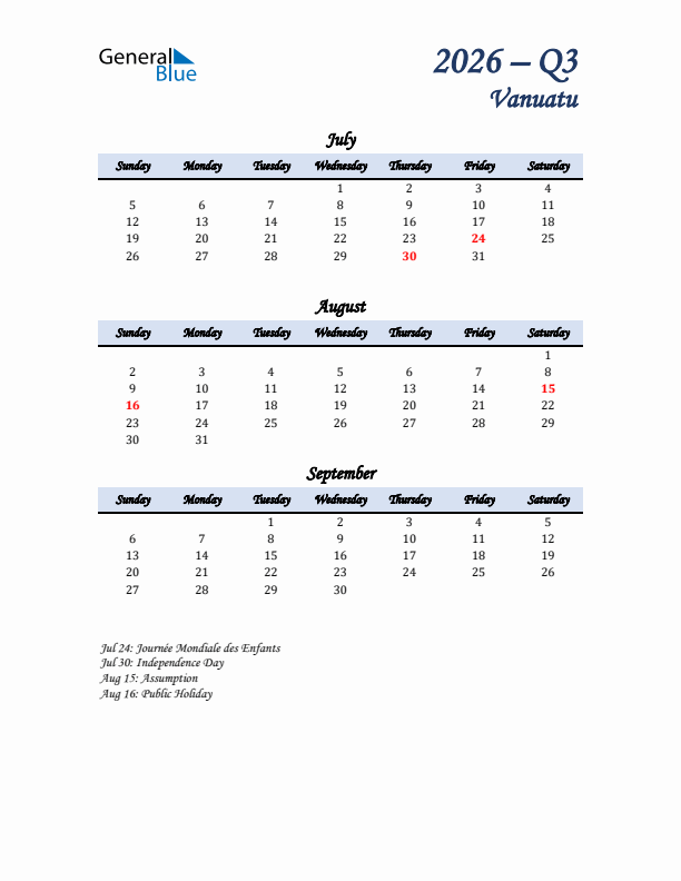 July, August, and September Calendar for Vanuatu with Sunday Start
