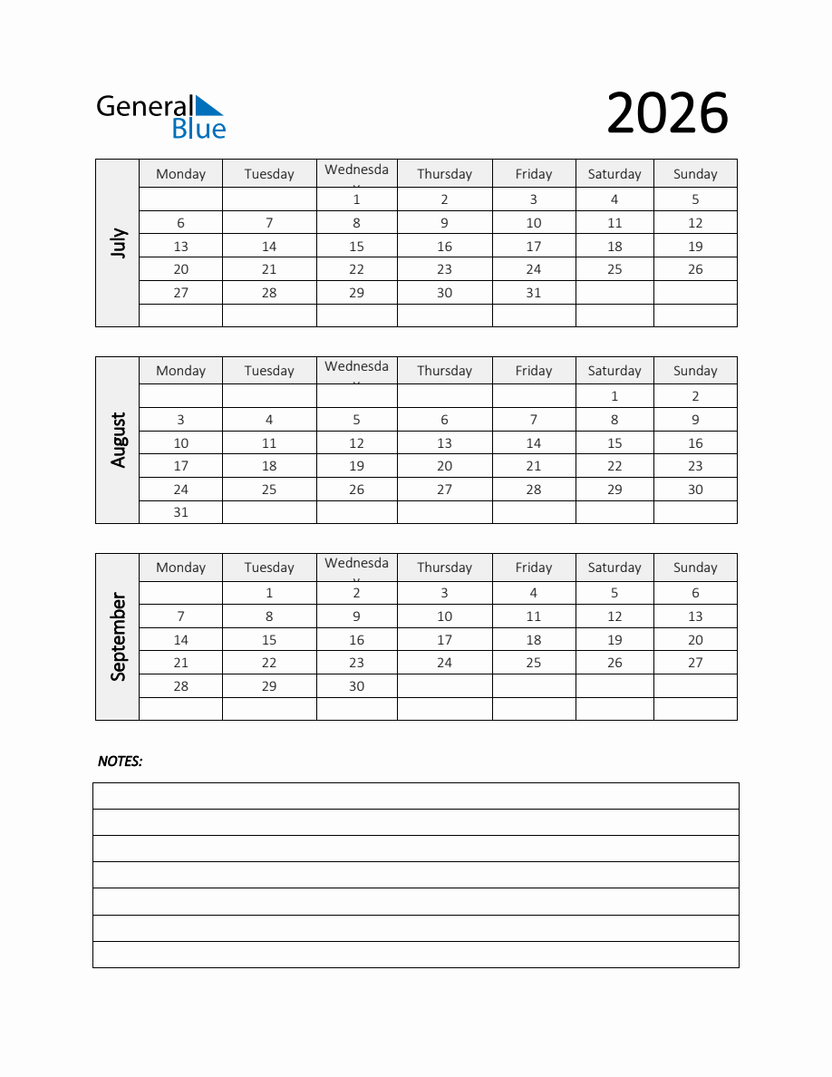Q3 2026 Calendar Template with Notes in PDF, Word, and Excel