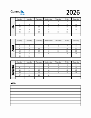 Quarter 3  2026 calendar template
