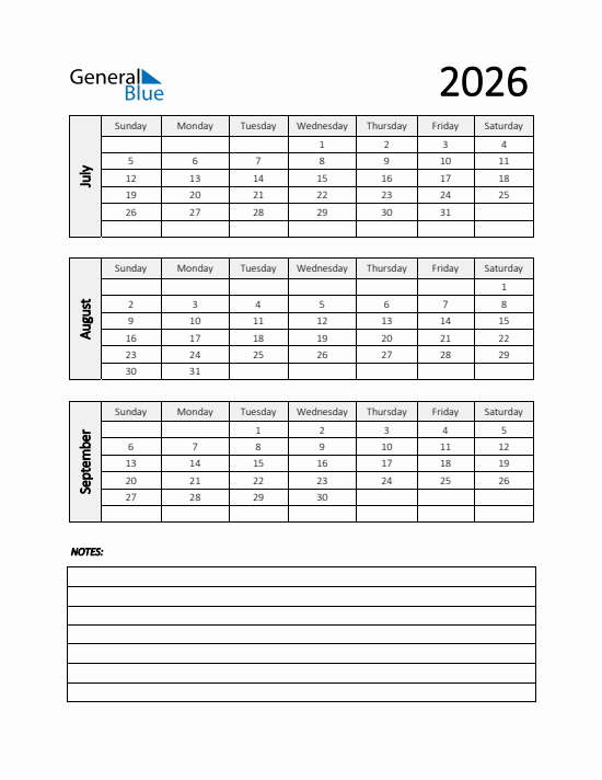 Quarter 3 2026 calendar template